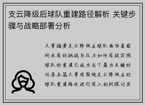 支云降级后球队重建路径解析 关键步骤与战略部署分析